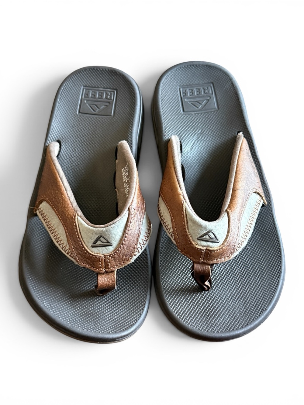 REEF Brown and Gray Leather-Accent Flip Flops Size 6 Men/Big Boy